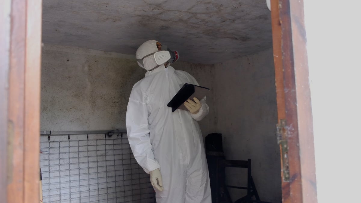 Inspector in hazmat suit and respirator documenting mold and water damage in a basement using a digital tablet