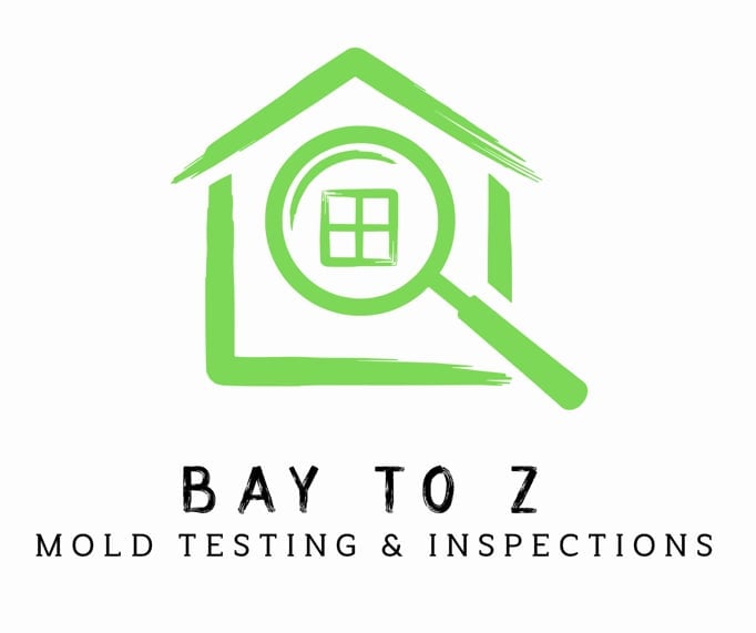 Bay To Z Mold Testing & Inspections logo featuring green house icon with magnifying glass and window symbol